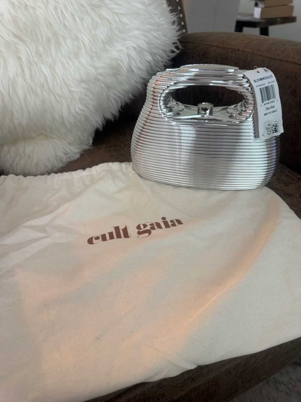 cult gaia Silver Metallic Ribbed Mini Top-Handle Bag